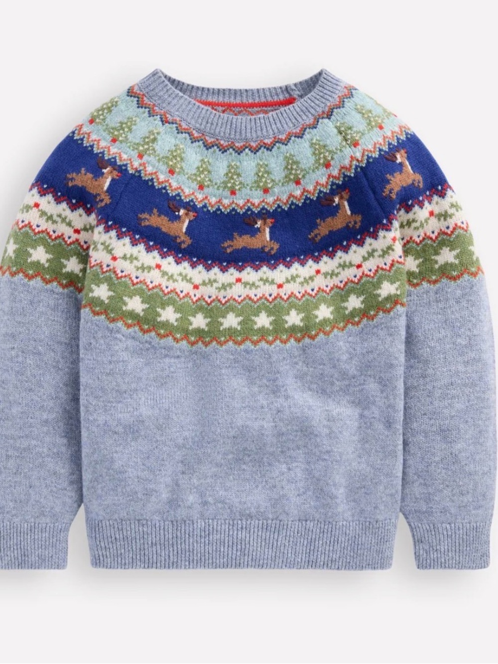 Boden Blue and Green Crewneck Fair Isle Sweater with Reindeer